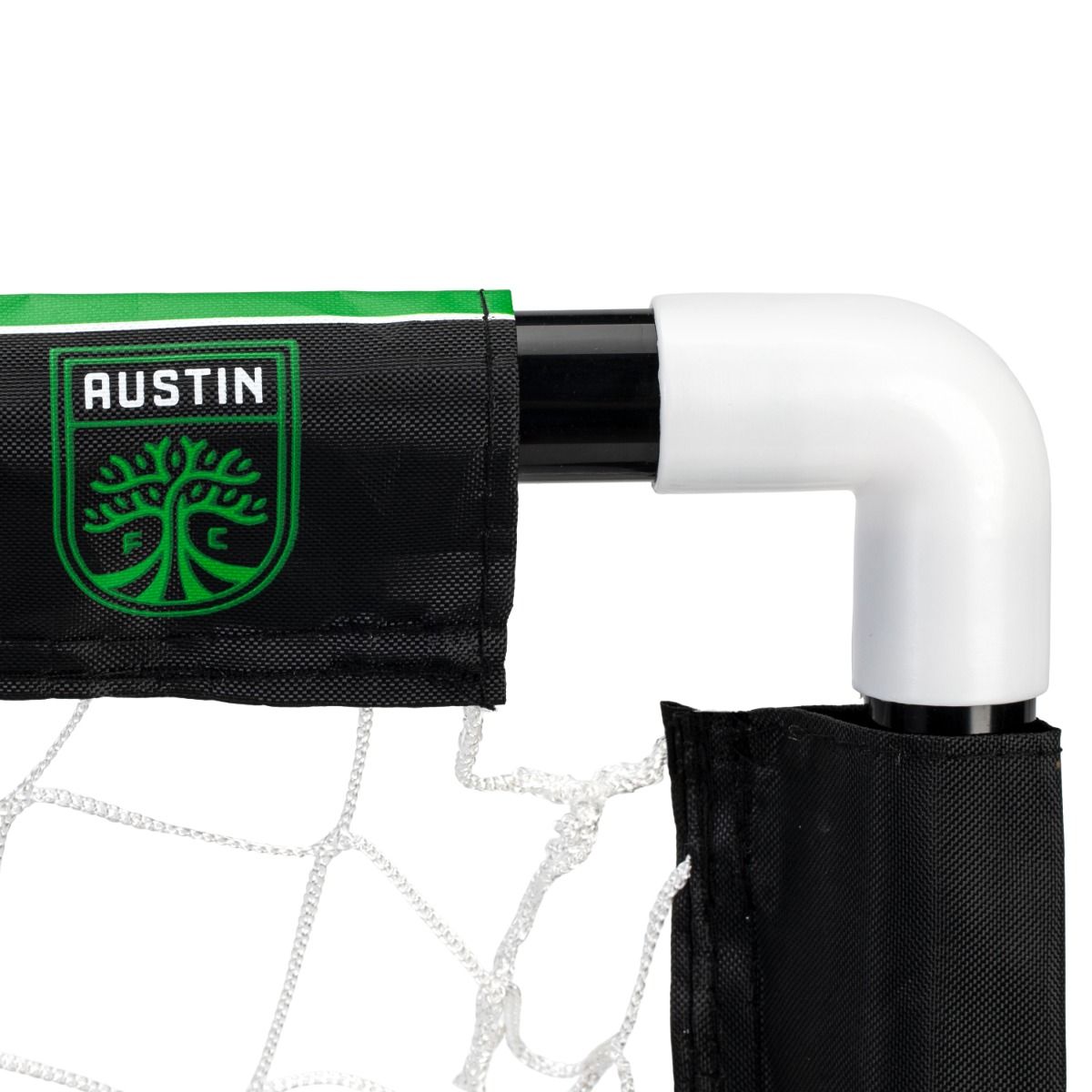 Close-up of a sports goal with 'Austin' branding on a white background