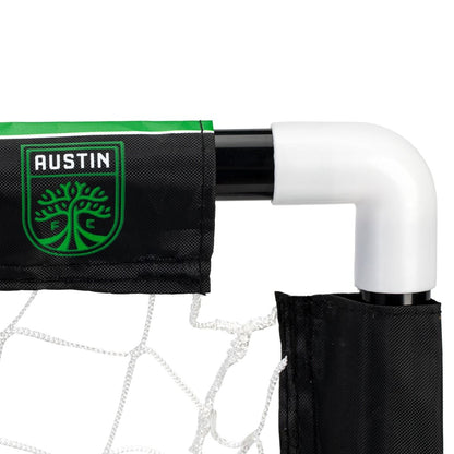 Close-up of a sports goal with 'Austin' branding on a white background