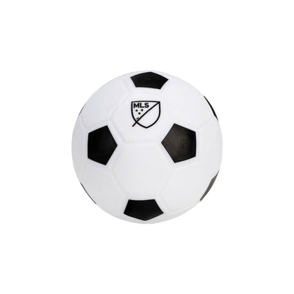 White soccer ball with black pentagons on a white background